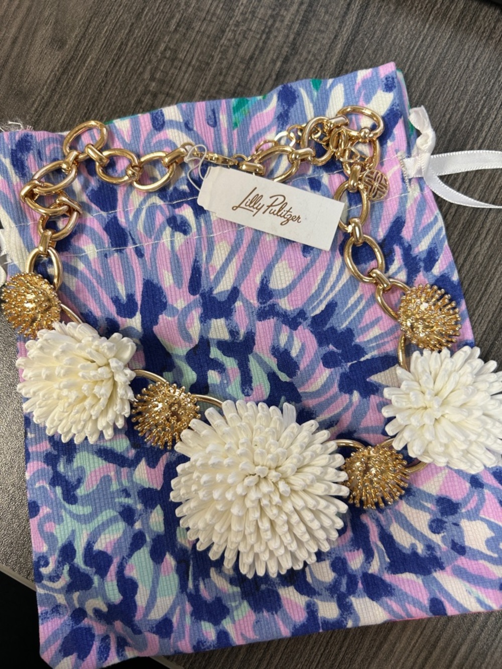 Lilly Pulitzer Pink, Blue and White Floral Cluster Necklace with Gold Accents
